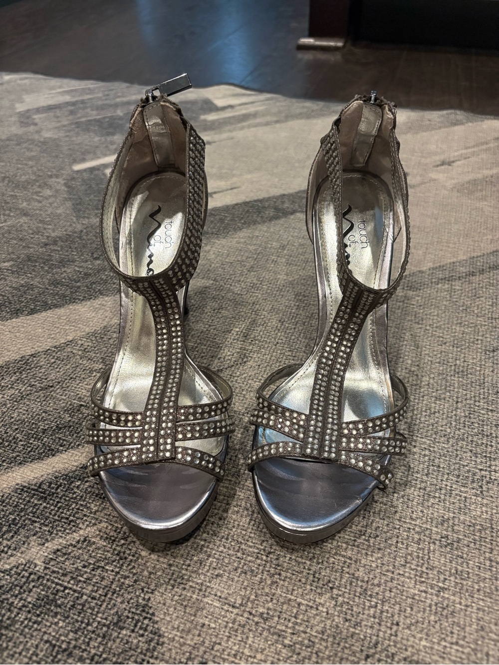 Nina Silver Crystal T-Strap Platform Heels